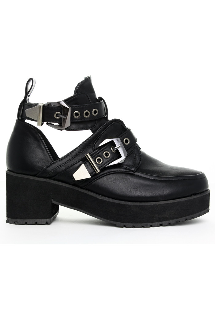 Black Chunky Cut Out Buckled Boots  | Chicwish
