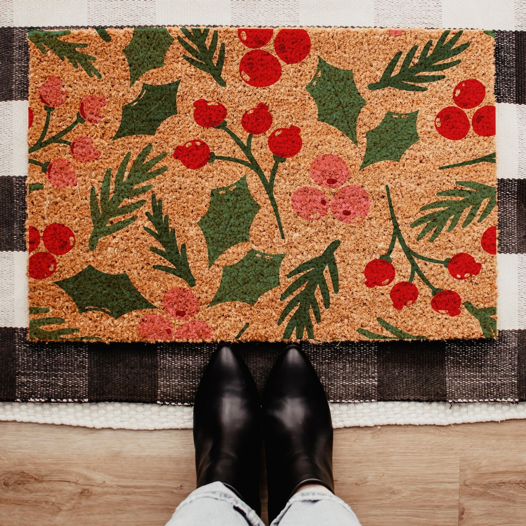 Merry Christmas Doormat With Holly Leaves, Festive Holiday Welcome Mat, Seasonal Winter Doormat, ... | Etsy (US)