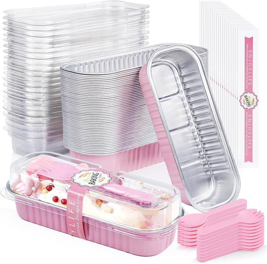 Mini Loaf Pans with Lids and Spoons Aluminum Foil, Disposable 6.8oz/200ml Pink Mini Cake Pans wit... | Amazon (US)
