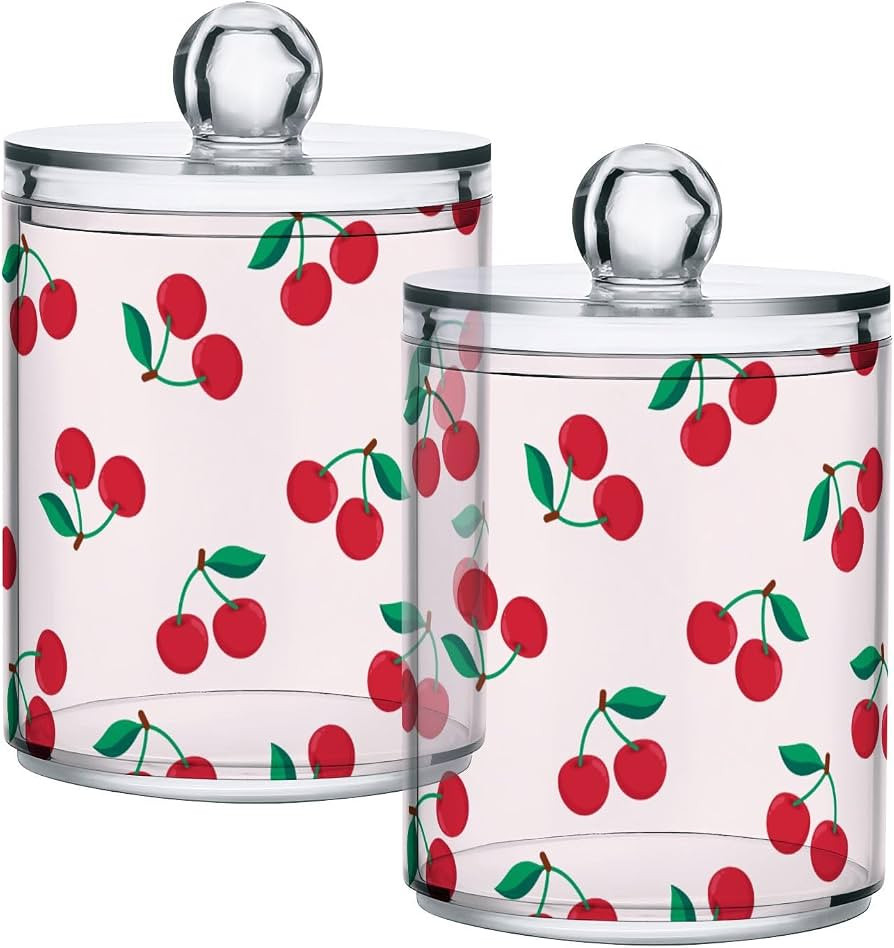 Cherry Print 2 Pack Qtip Holder Dispenser for Cotton Swabs, Cotton Ball, Pads, Floss, 10 oz Plast... | Amazon (US)