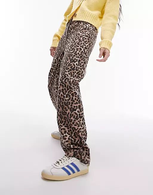 Topshop crew leopard straight leg trouser in multi | ASOS (Global)