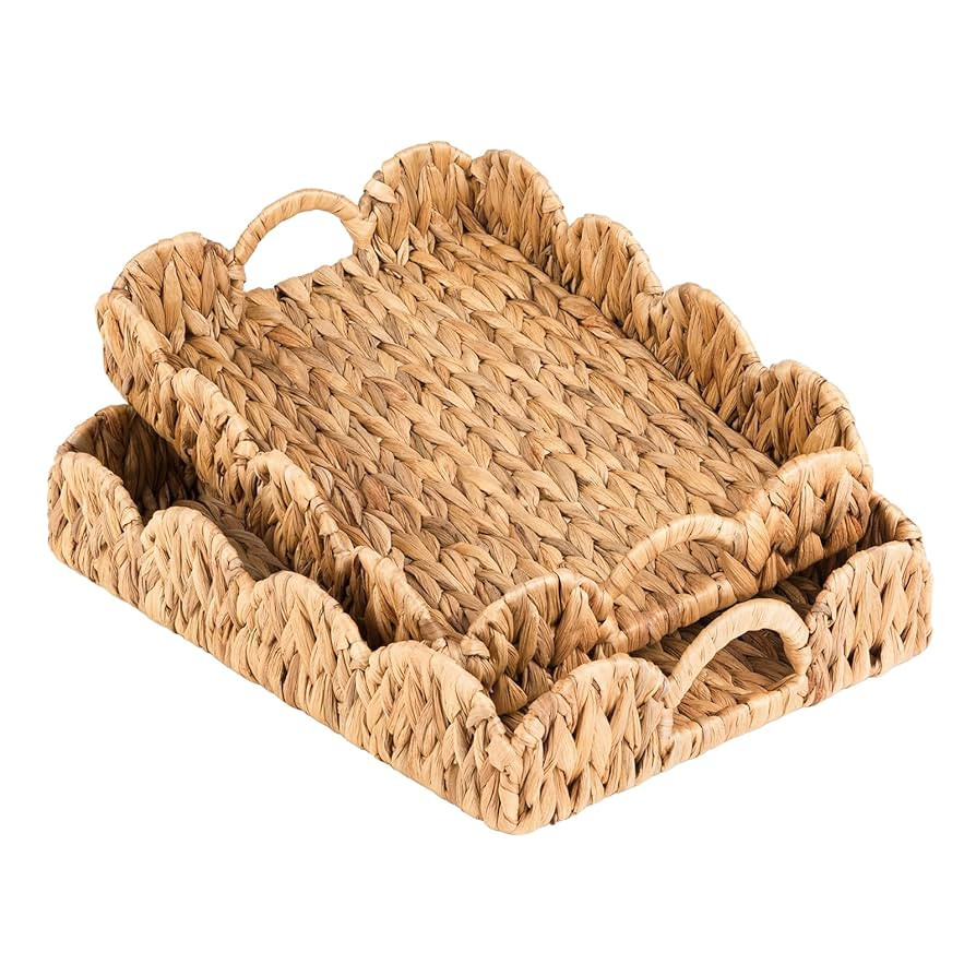 Large Rectangle Serving Tray, 2-Pack Rattan Scalloped Tray with Handles, Wicker Trays for Decor, ... | Amazon (US)