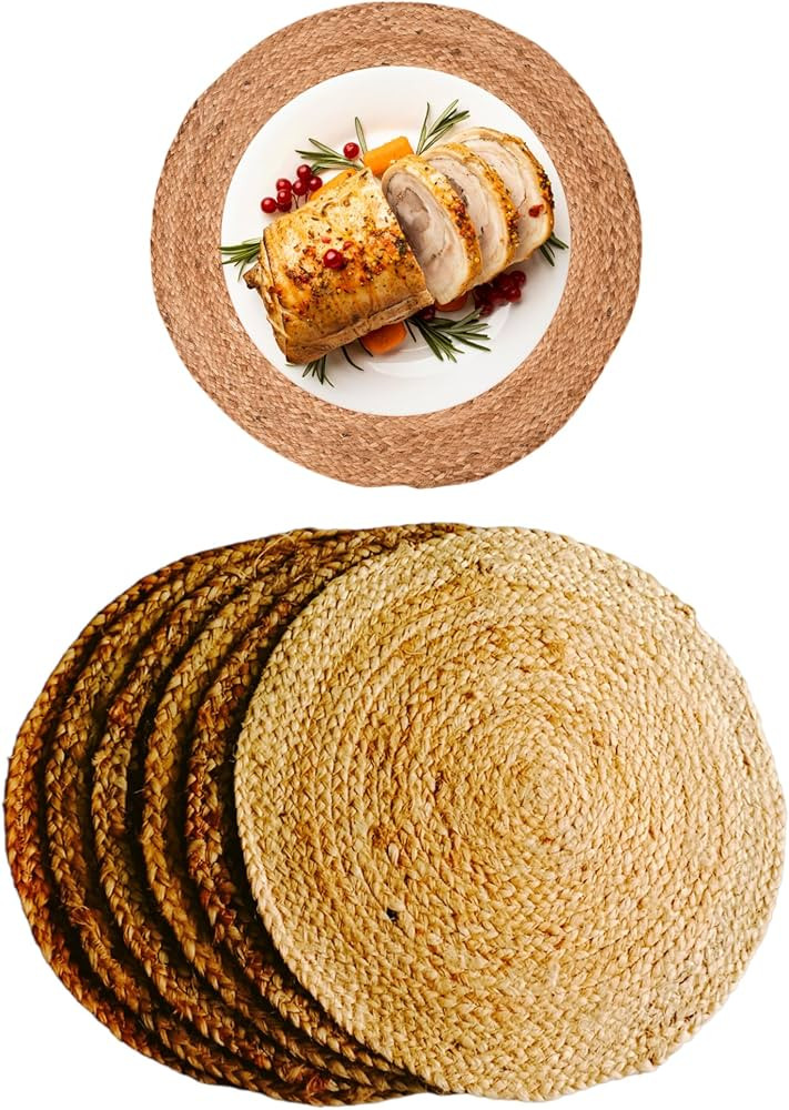 Natural Jute Hand Woven Placemats Round Shape Set of 6, Natural Water Hyacinth Weave for Dining T... | Amazon (US)