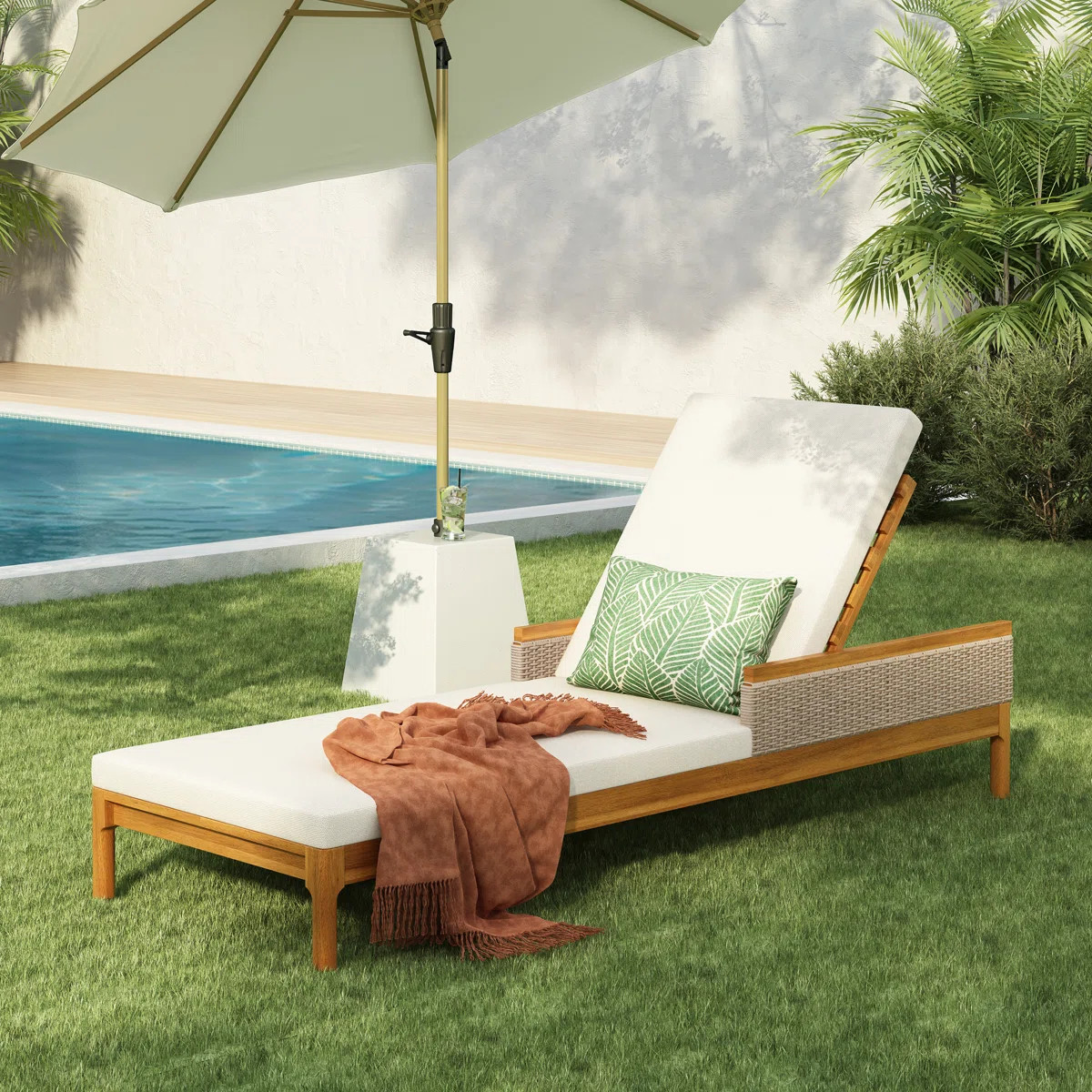 Modern Coastal Solid Acacia Wood Adjustable Outdoor Chaise Lounge with Cushions and Woven Rattan | Wayfair North America