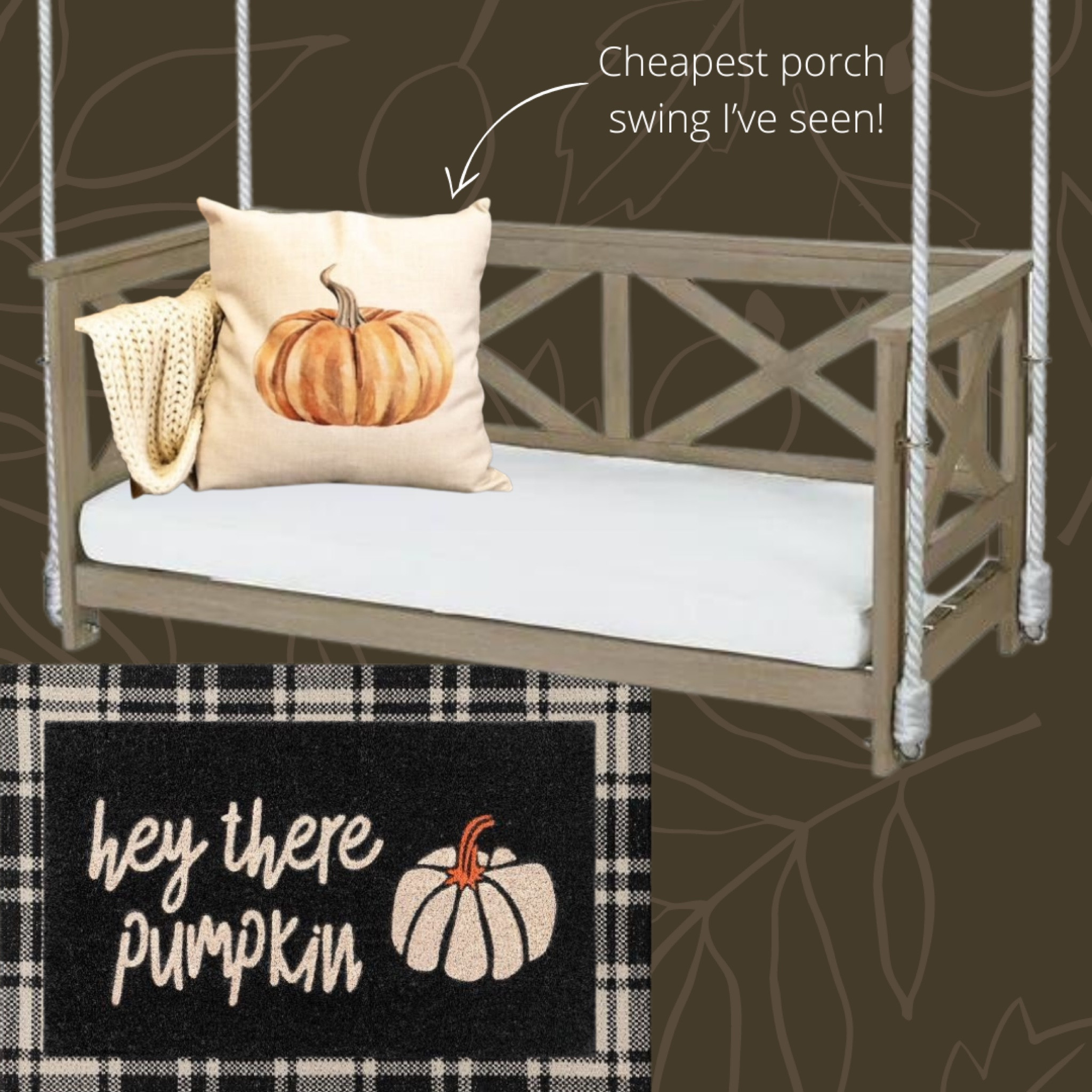This porch swing was so easy to put together and is hundreds cheaper than any others I found! Absolutely love it!

Outdoor, fall decor, fall porch swing, porch swing, fall home, home decor, interiors, pillows, outdoor furniture, patio, porch, Etsy, pillow covers, Amazon home, doormat, pumpkin, throw pillow, throw blanket, outdoor mat, fall 

#LTKhome #LTKSeasonal #LTKsalealert