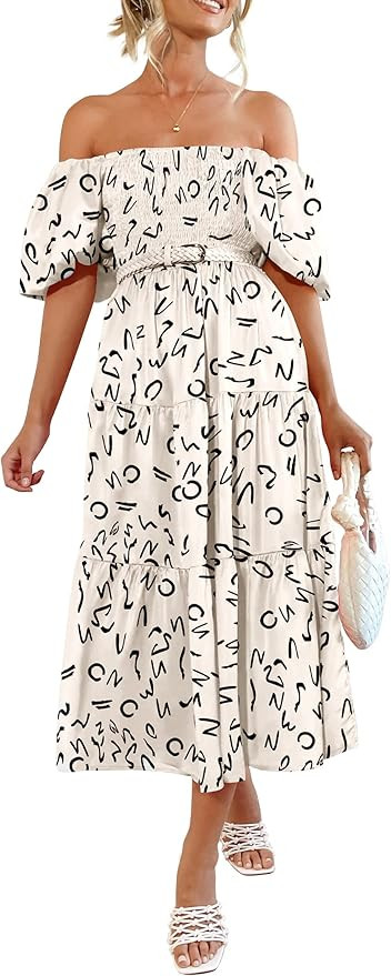 PRETTYGARDEN Women's Casual Summer Midi Dress Puffy Short Sleeve Square Neck Smocked Tiered Ruffl... | Amazon (US)