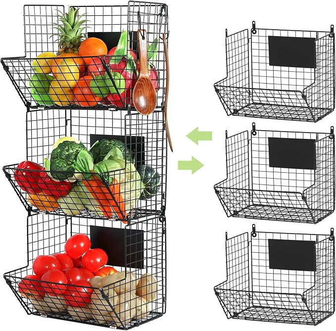 X-cosrack Metal Wire Basket Wall Mount, 3 Tier Wall Storage Basket Organizer with Hanging Hooks C... | Amazon (US)