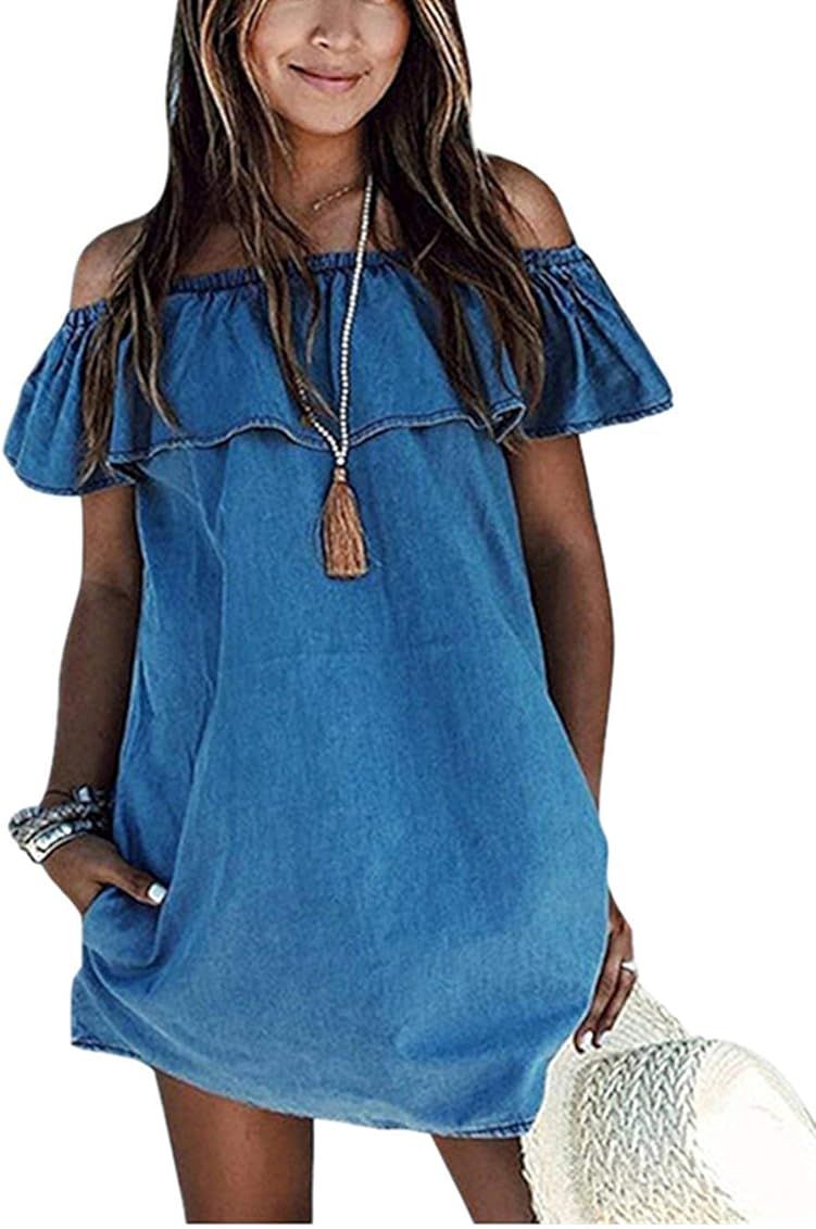 OQC Women's Blue Jean Dress Off Shoulder Ruffle Short Sleeve Loose Denim Mini Dress with Pocket | Amazon (US)