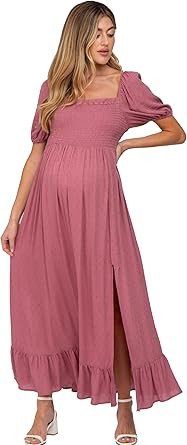 PinkBlush Swiss Dot Square Neck Smocked Maternity Maxi Dress | Amazon (US)