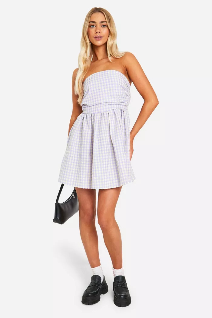 Gingham Ruched Bandeau Mini Dress | boohoo (US & Canada)