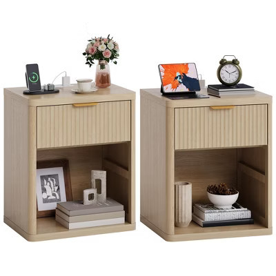 Modern Fluted Nightstand Set of 2 with Charging Station, Bedside Table with Drawer & Open Shelf, USB & Type-C, Natural Oak | Target