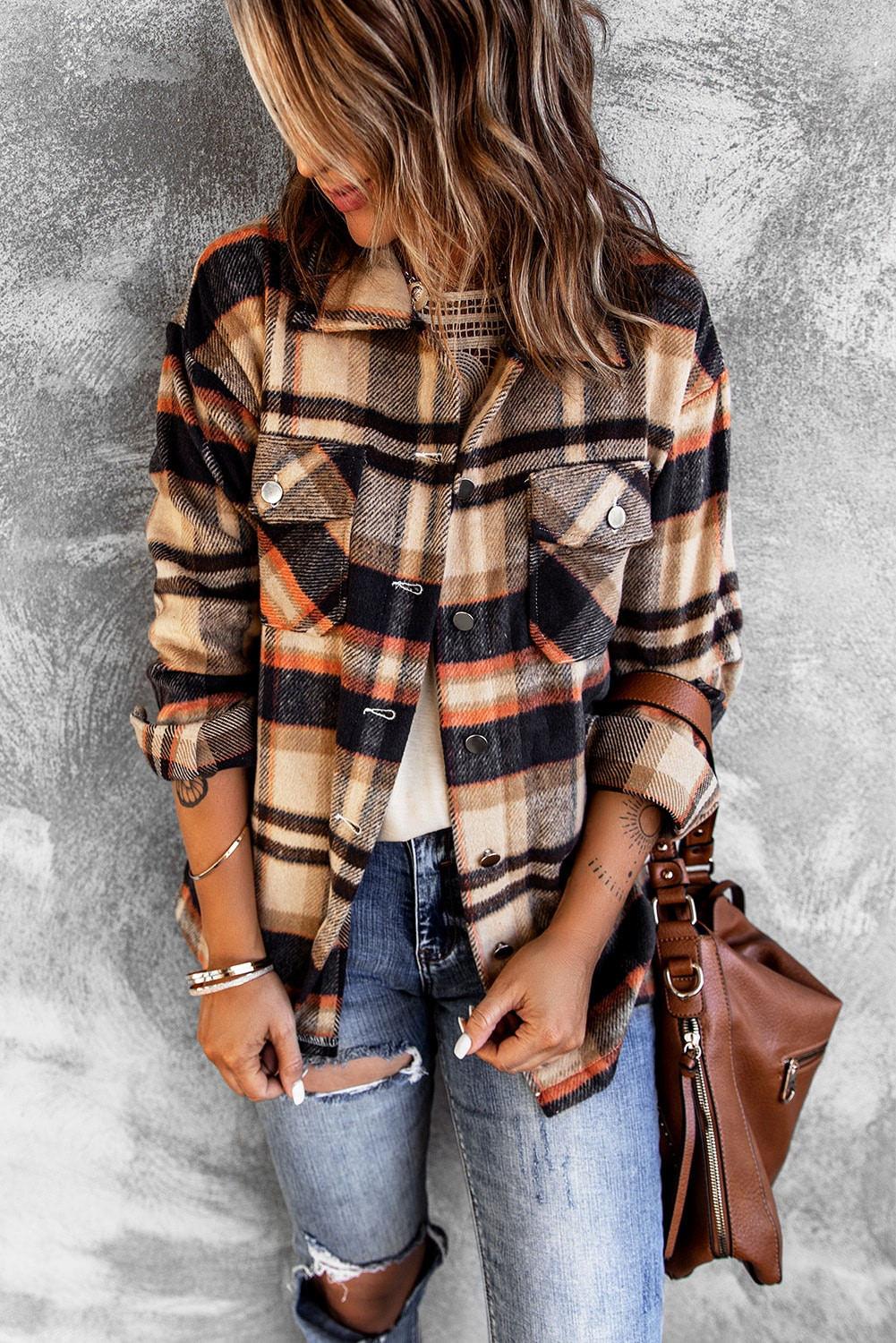 Brown Plaid Button Up Long Sleeve Flannel Shacket | Shewin