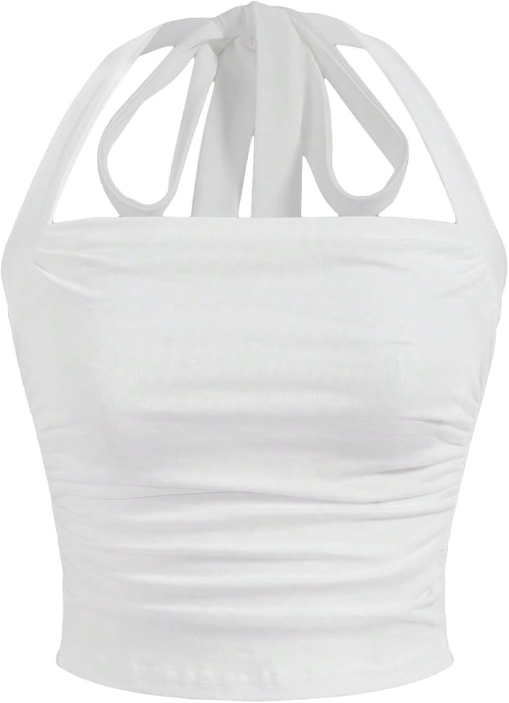 SOLY HUX Women's Ruched Halter Y2K Crop Tops Tie Back Sleeveless Slim Fit Cami Tops | Amazon (US)