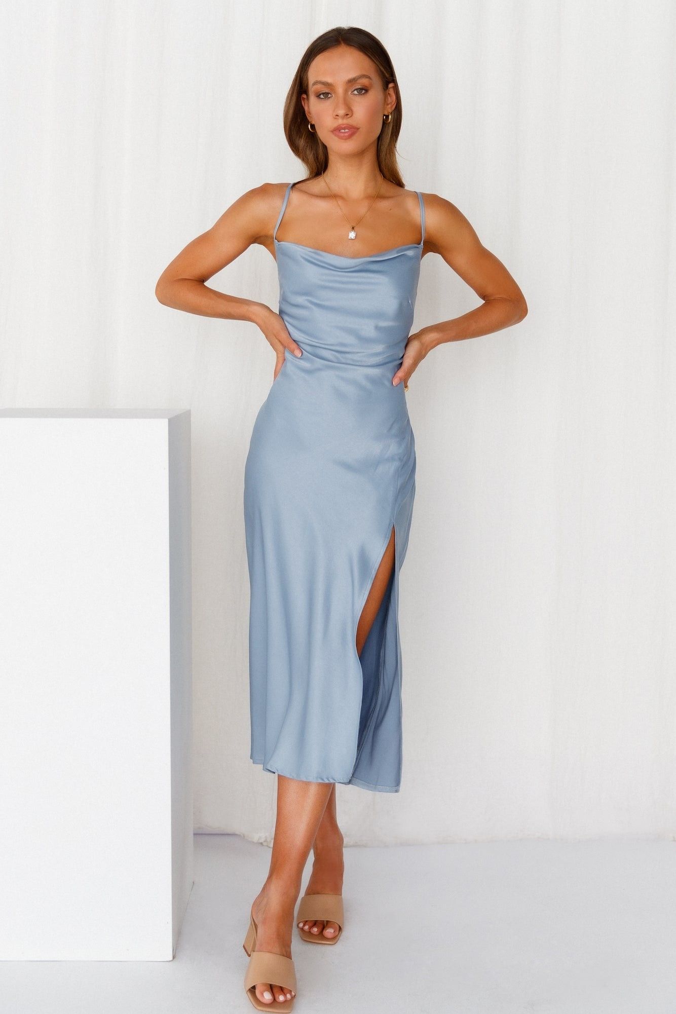 Blue Satin Midi Dress | Hello Molly