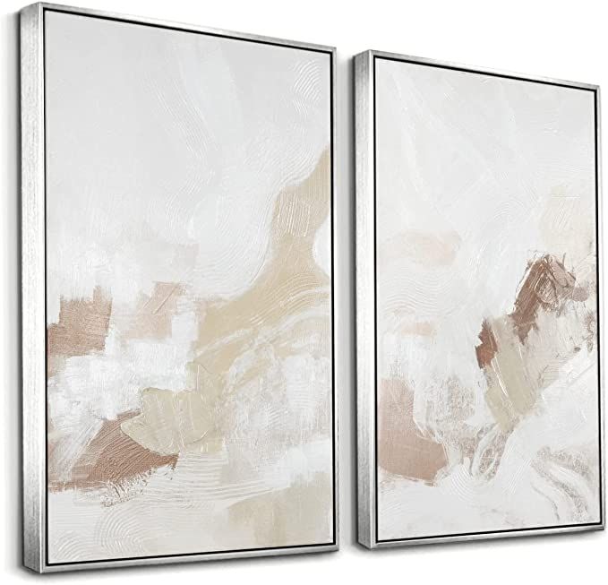 Framed Neutral Abstract Wall Art Set - Pastel Duotone Tan and White Abstract Illustrations Modern... | Amazon (US)
