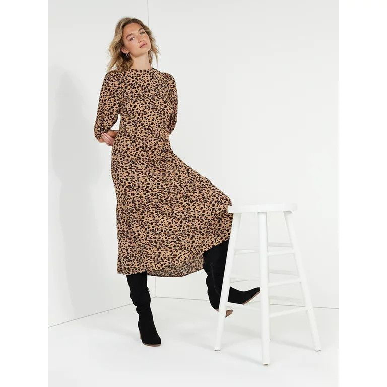 Time and Tru Women's Tie-Back Midi Dress with Elbow Length Sleeves, Thanksgiving Day Outfit, Walmart | Walmart (US)