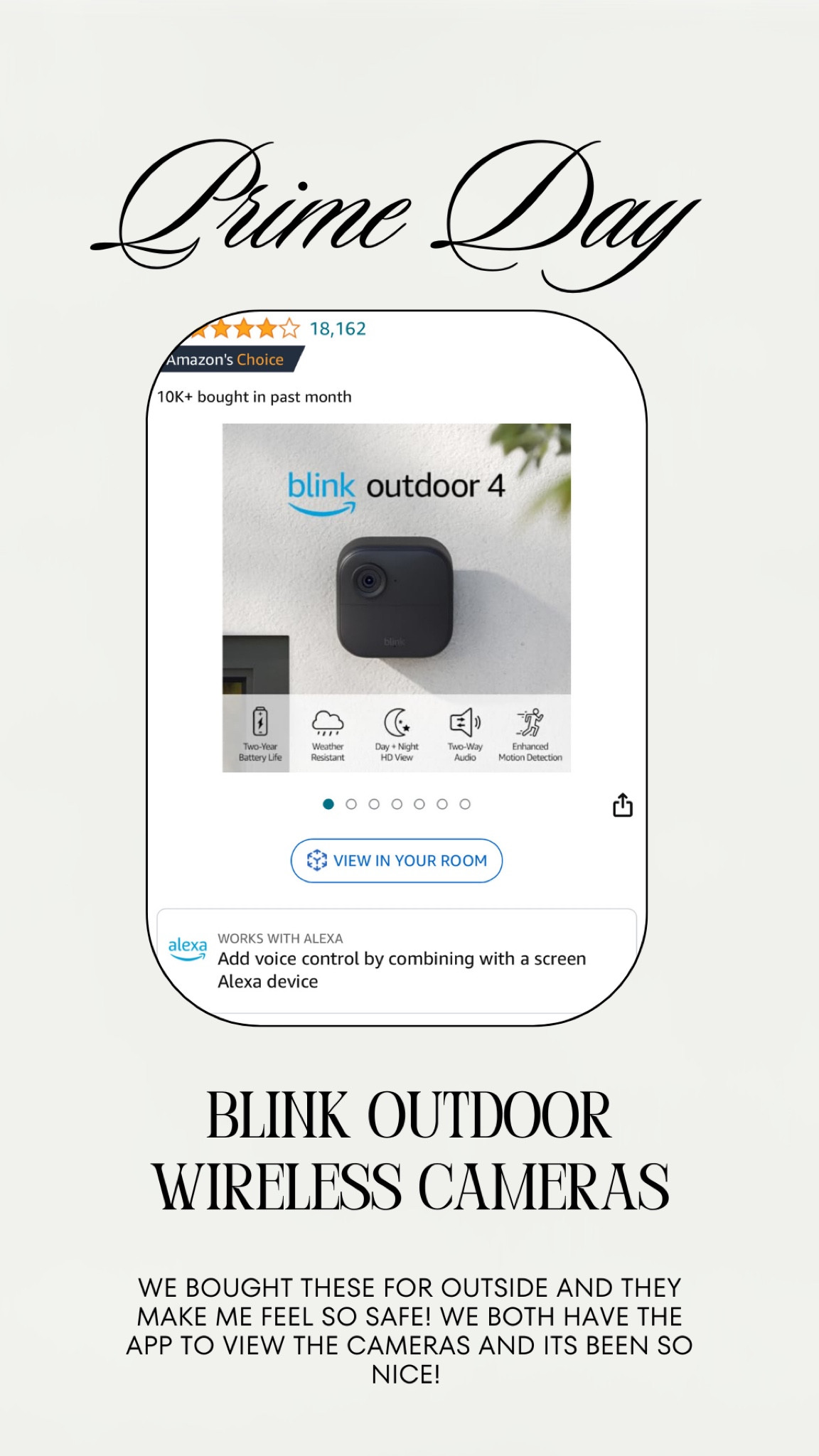 Prime day blink outdoor cameras! Have been a lifesaver for both of us and have a great app to use on the phone that is easy to arm/disarm! 

#prime #primeday #amazon

#LTKFindsUnder50 #LTKSaleAlert #LTKFamily