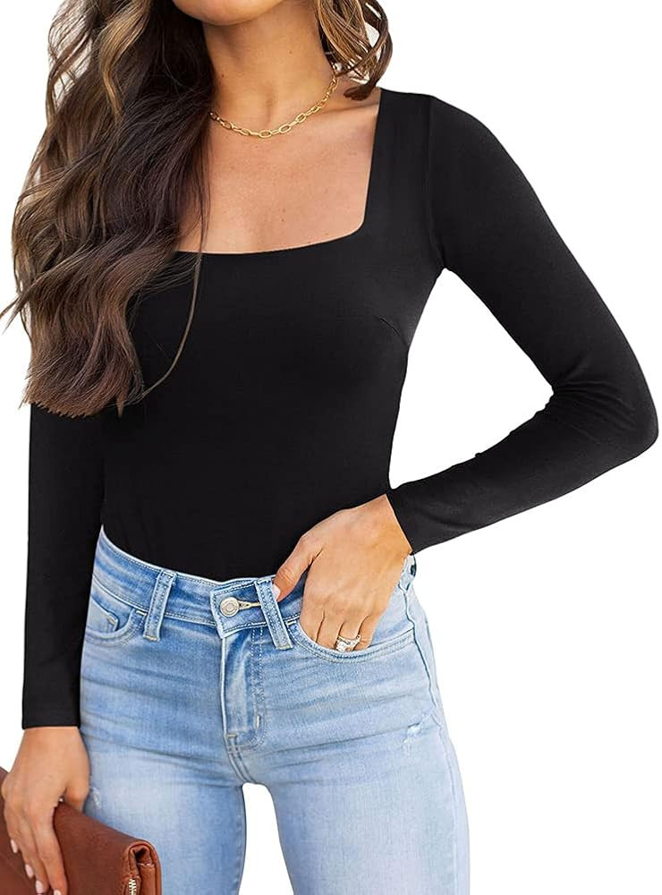 REORIA Womens Sexy Square Neck Double Lined Long sleeve Bodysuit Tops Jumpsuits | Amazon (US)