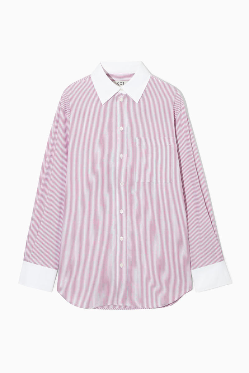 COS Women's Oversized Contrasttrim Pinstriped Shirt in Red | Cotton | Size: 36 | COS (AU)