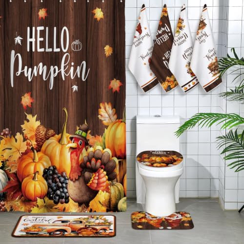 Honoson 8 Pcs Fall Shower Curtain Set, Rustic Hello Pumpkin Turkey Bathroom Decor with Non Slip U Mat, Rectangular Toilet Cover for Farmhouse Autumn Thanksgiving Bathroom Housewarming Decor | Amazon (US)