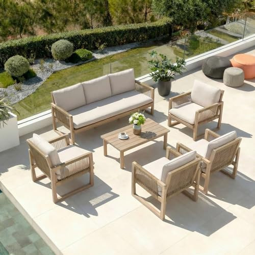 SUNSITT 6-Piece Acacia Wood Patio Furniture Set, Outdoor Conversation Sofa Set with 3-Seat Sofa, 4 Rope Woven Outdoor Club Chairs & Slatted Coffee Table, Cream White Cushions for Porch, Backyard, Deck | Amazon (US)
