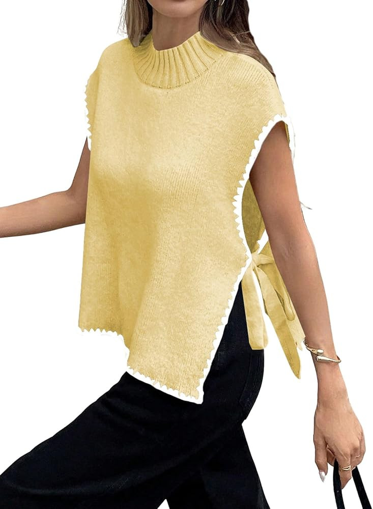 Verdusa Women's Old Money Sweater Tie Knot Slit Sweater Vest Mock Neck Cap Sleeve Lightweight Kni... | Amazon (US)