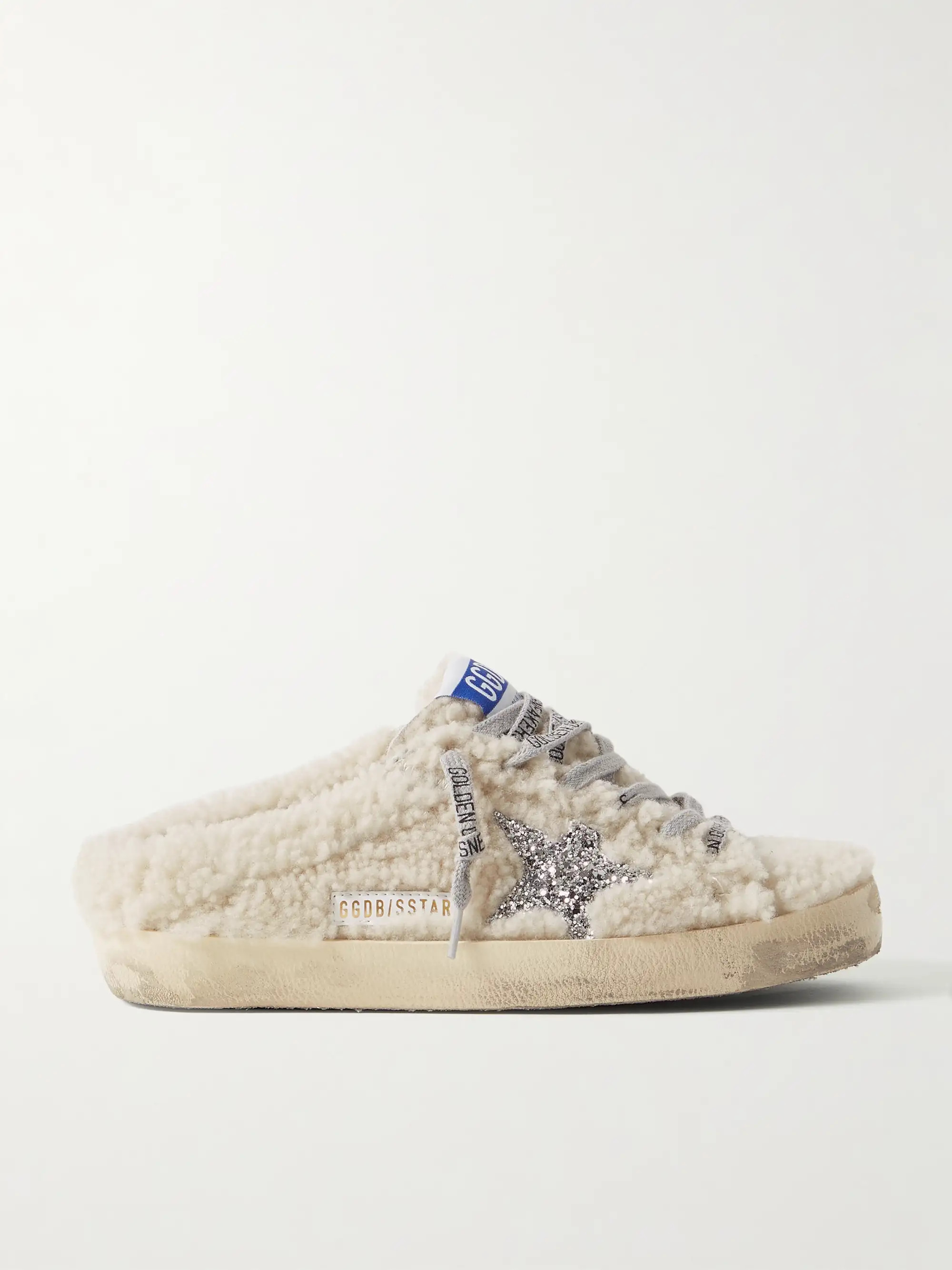 Superstar Sabot distressed glittered shearling slip-on sneakers | NET-A-PORTER (US)