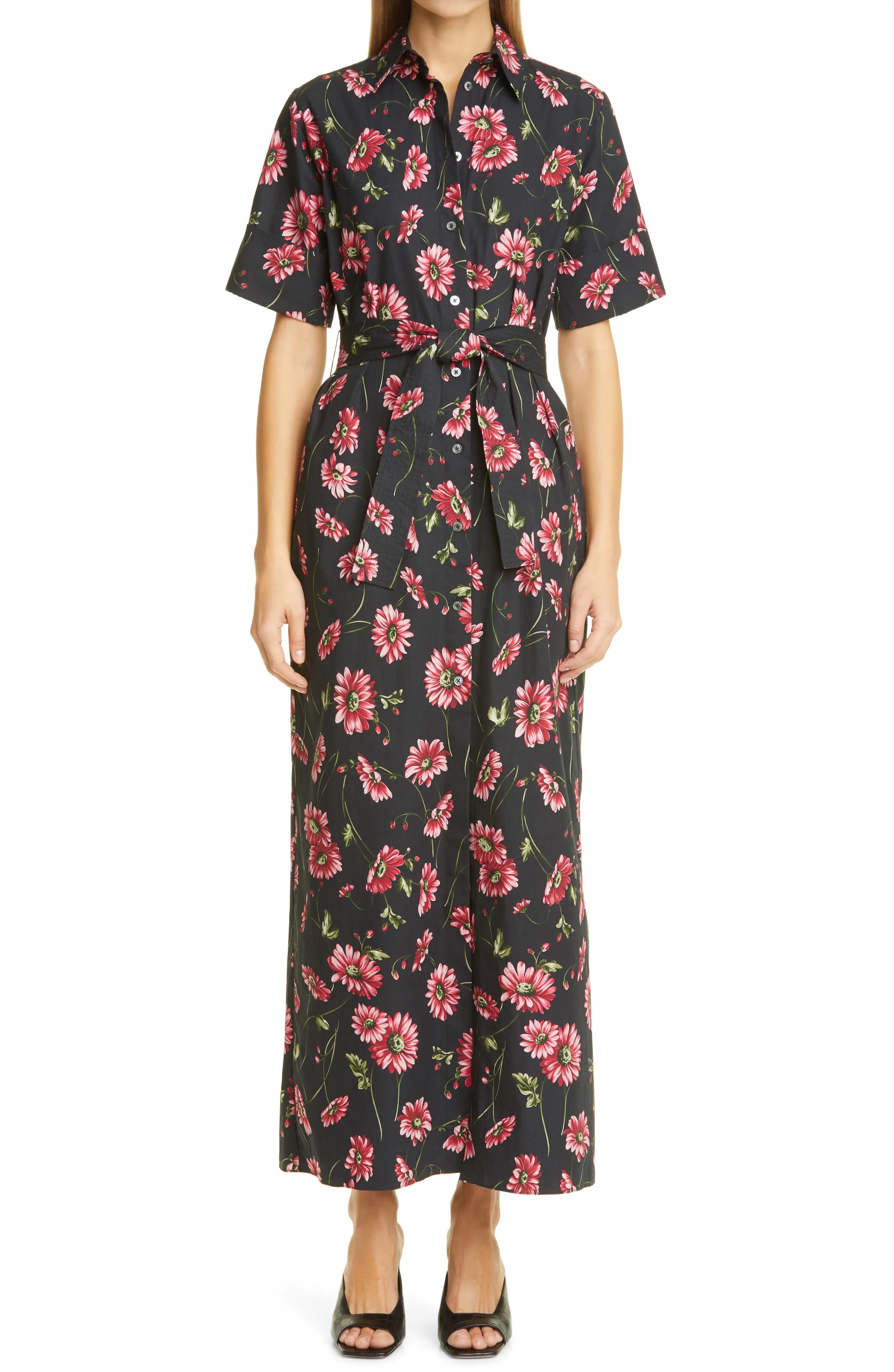 Women's Adam Lippes Floral Print Poplin Maxi Shirtdress, Size 8 - Black | Nordstrom