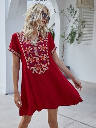 Floral Embroidery Notched Neck Dress | SHEIN