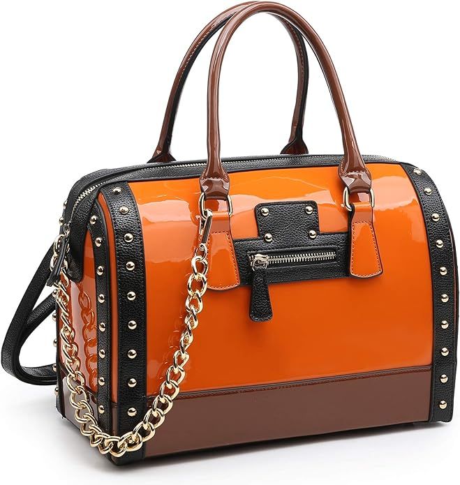 Shiny Patent Faux Leather Handbags Barrel Top Handle Satchel Bag Shoulder Bag for Women | Amazon (US)