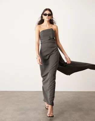 ASOS EDITION tailored asymmetric neck bandeau maxi dress with train in charcoal grey | ASOS (Global)
