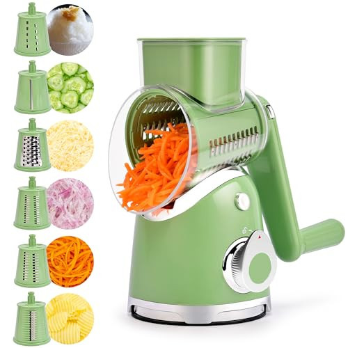 SUSTEAS Rotary Cheese Grater with Handle,Vegetable Slicer with 6 Interchangeable Blades, Reinforced Suction,Easy to Clean,Kitchen Chopper for Crushed Ice,Fruits and Nuts with Blade Storage Case,Green | Amazon (US)