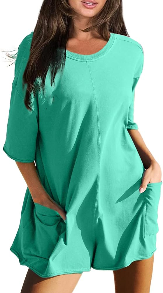 Glamaker Women's Summer Oversized Tee Romper Casual Workout Athletic Romper Onesie Backless Loose... | Amazon (US)