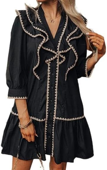 Women's Ruffle Mini Dress Short Sleeve Button Down Cute Babydoll Tiered Dress | Amazon (US)