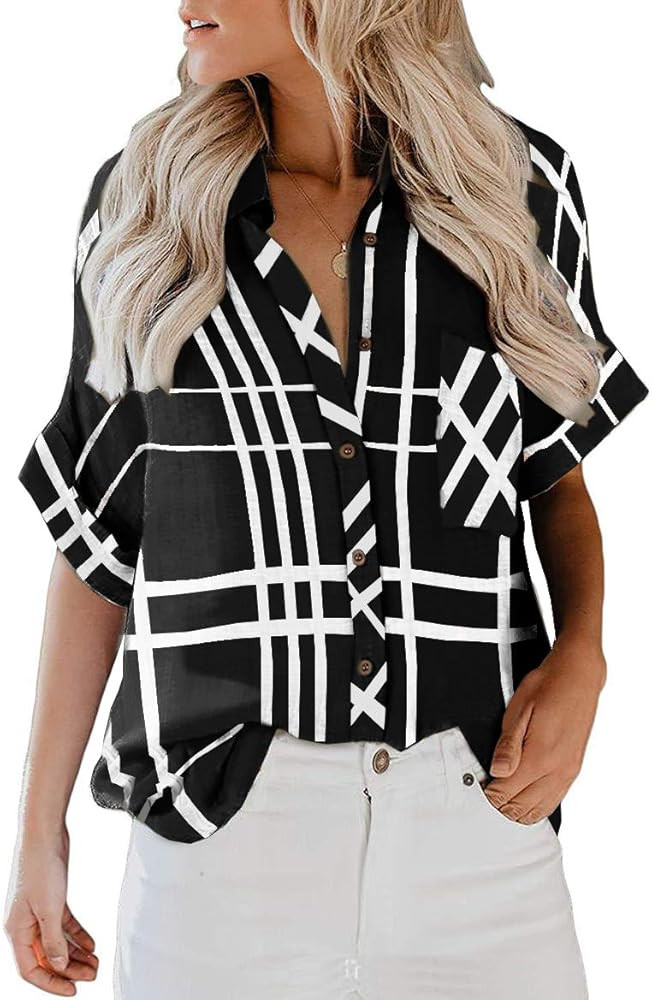 ZC&GF Women's Long Sleeve V-Neck Stripes Casual Blouses Pocket Button Down Shirt Tops | Amazon (US)