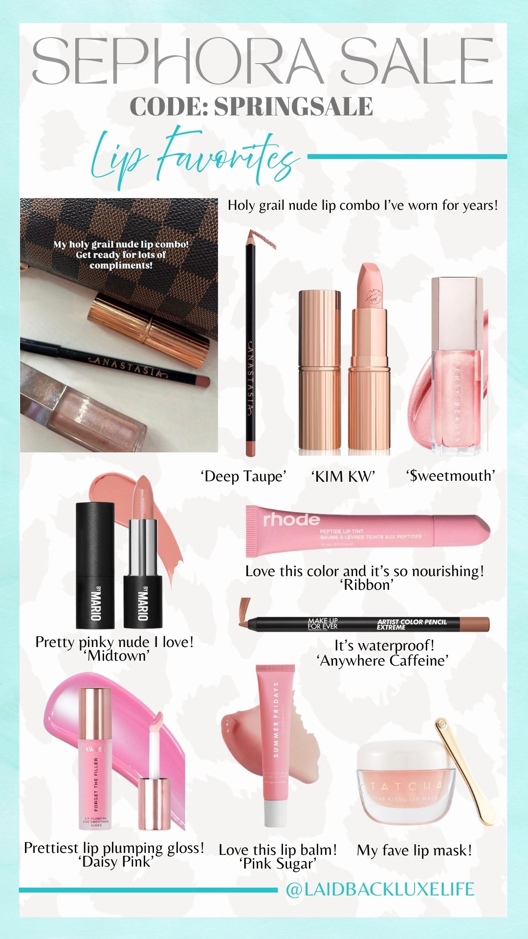 The @Sephora Savings Event is here!! Rouge members can shop now starting 4/10! Use code SPRINGSALE at checkout. Rouge members get 20% off. The Sephora Collection is 30% off for everyone! Sharing all my favorite lip products! #LaidbackLuxeLife

Shades:

✨ABH lip liner ‘Deep Taupe’
✨CT lipstick ‘KIM KW’
✨Fenty gloss bomb ‘$weetmouth’
✨Makeup by Mario lipstick ‘Midtown’
✨Peptide lip tint ‘Ribbon’
✨Makeup Forever lip liner ‘Anywhere Caffeine’
✨Lawless plumping gloss ‘Daisy Pink’
✨Lip balm ‘Pink Sugar'

Hey Beautiful! Feel free to comment on this post if you have any questions! 🫶🏽

Follow me for more fashion finds, beauty faves, lifestyle, home decor, sales and more! So glad you’re here!! XO, Karma

#LTKSaleAlert #LTKgrwm #LTKBeauty