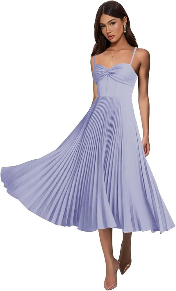 Tea Length Pleated Bridesmaid Dresses for Women Satin A Line Midi Sleeveless Formal Party Gowns | Amazon (US)