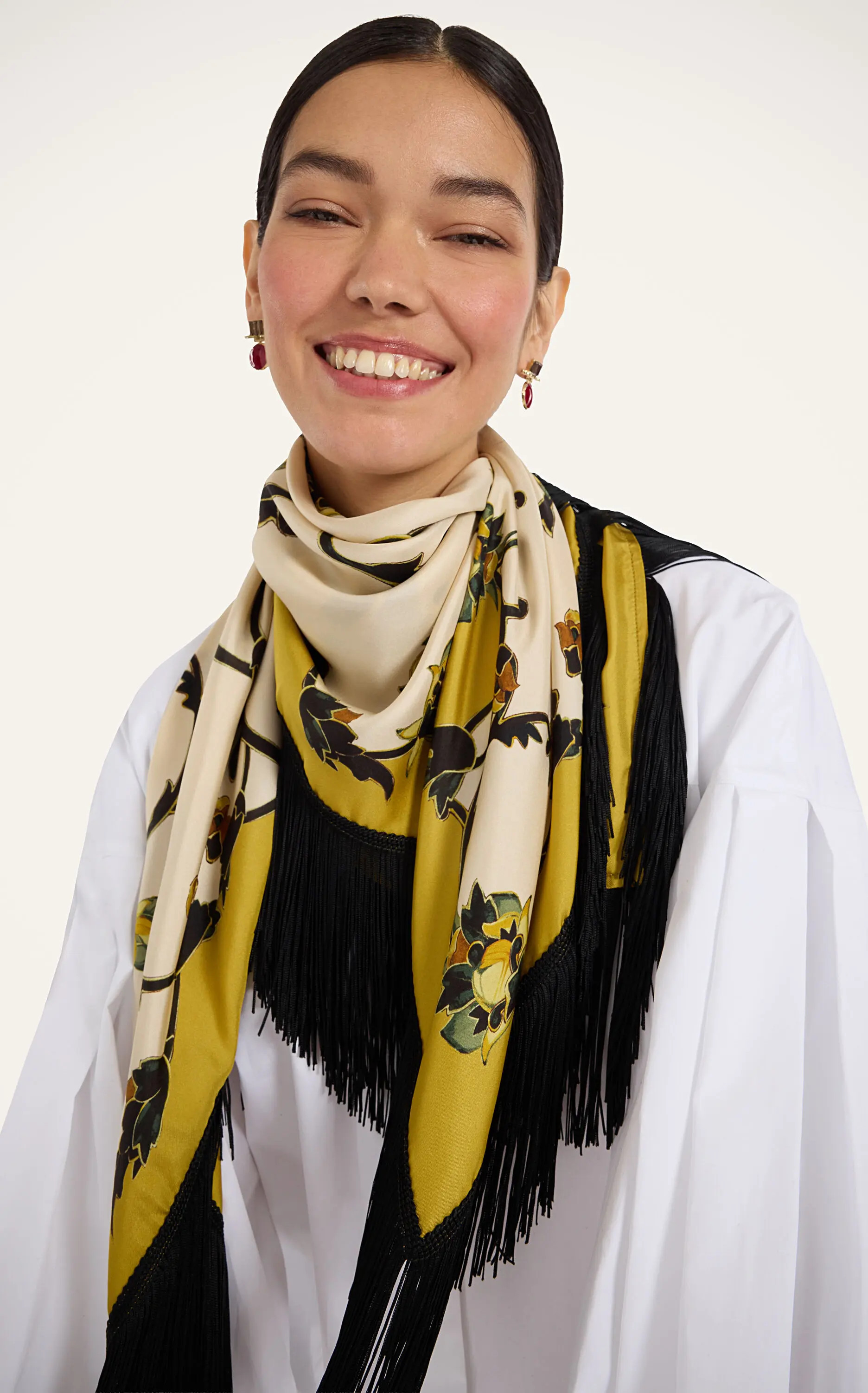 La DoubleJ Reversible Fringe Foulard 90 in Buttercup Placée White at Nordstrom | Nordstrom