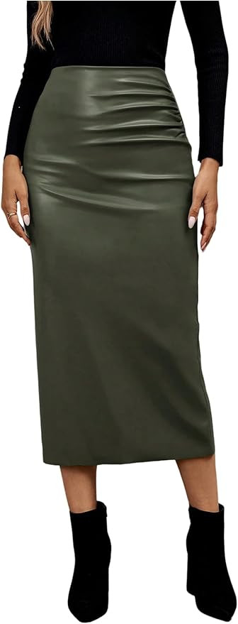GORGLITTER Women's Casual Fitted Faux Leather Slit Maxi Skirt Ruched Side Elastic High Waist Long... | Amazon (US)