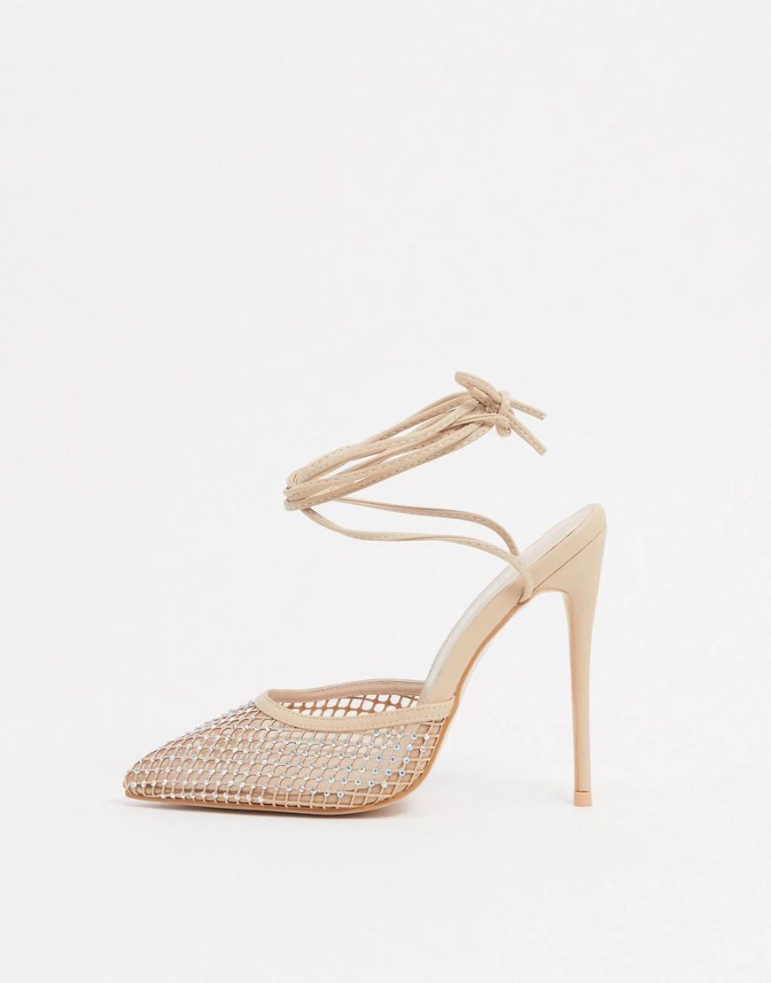 Public Desire Carina embellished heeled shoes with ankle ties-Beige | ASOS (Global)