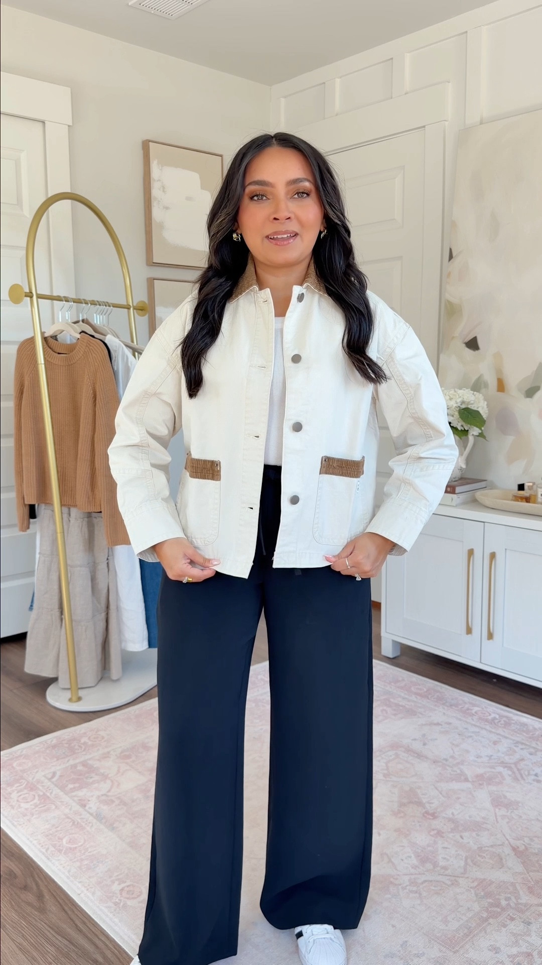 Spring Jackets and coats!
For reference: I’m 5’0, petite, 32b bra size, and 2/26 in bottoms, pear shaped. 
*Everything I share is unaltered! TTS means true to size. Between size 5-6.5 in shoes


Barn jacket size xs petite TTS 
White tank size xs petite TTS
Black pants size small short TTS 
Sneakers size 6 TTS 

#LTKSpringSale #LTKPetite #LTKSaleAlert

#LTKgrwm #LTKdayinmylife #LTKPetite