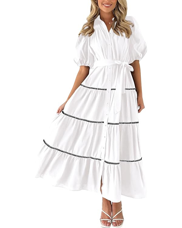 PRETTYGARDEN Women's Summer Button Down Shirt Dress Short Puffy Sleeve Tiered Ruffle Flowy Long M... | Amazon (US)