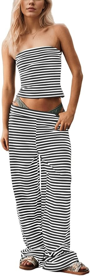 SAFRISIOR Summer 2 Piece Sets Strapless Crop Tube Top Striped Wide Leg Lounge Pants Matching Beac... | Amazon (US)