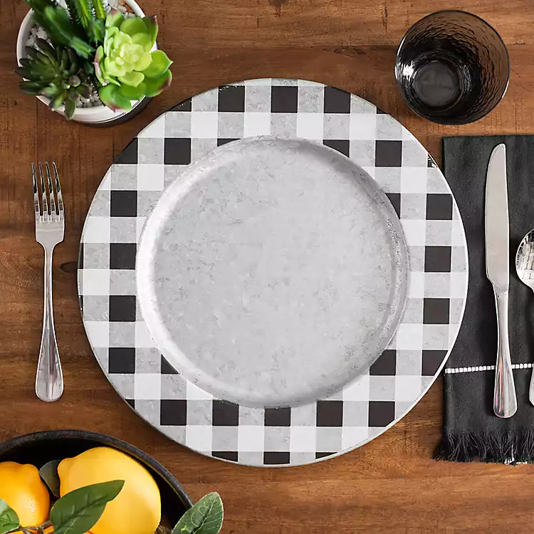 Galvanized Metal Buffalo Check Chargers, Set of 4 | Kirkland's Home