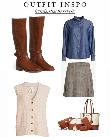 outfit inspo | chambray shirt | ruffle collared shirt | button down shirt | pleated skirt | plaid skirt | sweater vest | riding boots | tall boots | tote bag | crossbody bag | teacher outfit | smart casual | work outfit | office outfit | fall outfit | outfit idea

#LTKSeasonal #LTKfindsunder50 #LTKsalealert