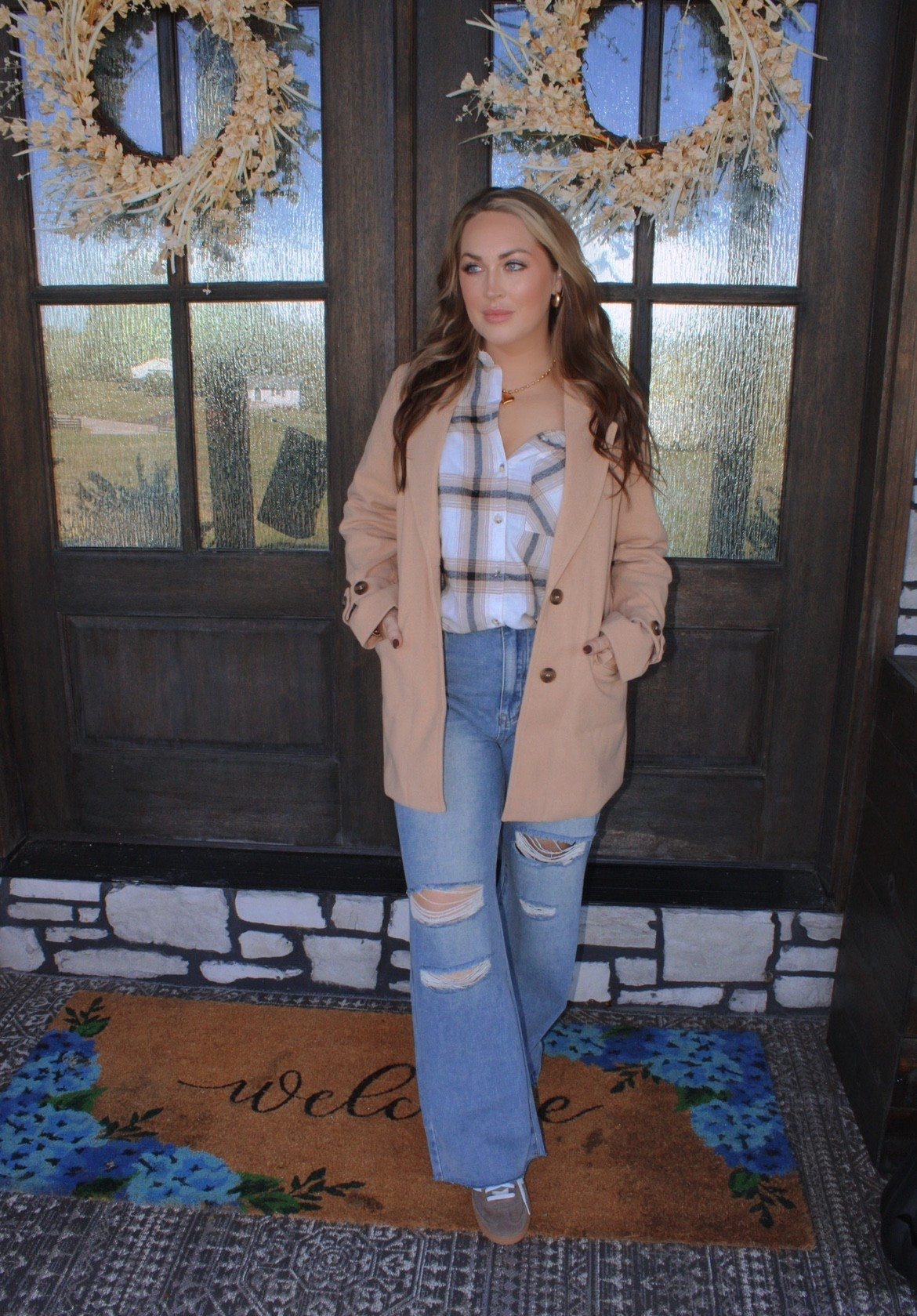 Casual fall outfit perfection 🍂 This Amazon/Walmart look is giving cozy + polished! The plaid shirt, neutral blazer, and wide-leg ripped jeans are perfect for a laid-back chic vibe. As a midsize mom of 4, I love effortless outfits that still feel put-together. 
Amazon fashion | fall outfit inspo | midsize style | plaid shacket | blazer outfit | wide leg jeans | casual mom outfit | affordable fall looks | capsule wardrobe staples | trendy Amazon finds | Walmart Fashion | Walmart finds 

#LTKMidsize #LTKFindsUnder50 #LTKStyleTip