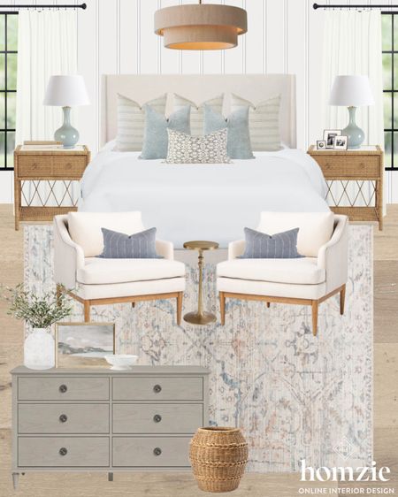 Modern coastal bedroom design! Were obsessed with this gray dresser, blue lamps, accent chairs, and natural wood nightstands 

#LTKHome #LTKFamily