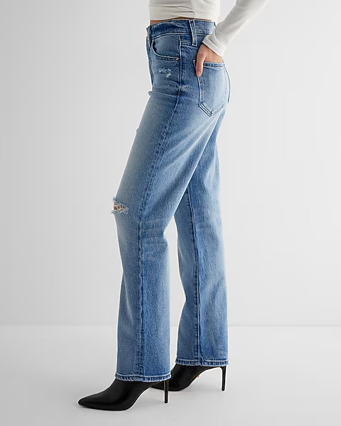 High Waisted Medium Wash Ripped Modern Straight Jeans | Express