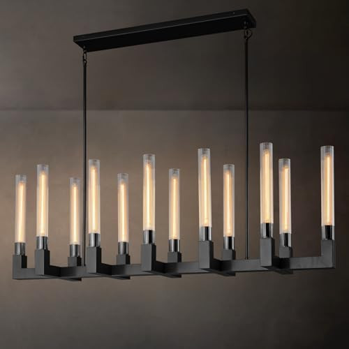 68-Inch 12-Light Black Modern Chandelier with Knurled Glass Tube Shades, Rectangular Luxury Ceili... | Amazon (US)