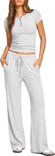 Darong Womens 2 Piece Matching Lounge Sets Summer Short Sleeve Henley Shirts Wide Leg Pants Airpo... | Amazon (US)